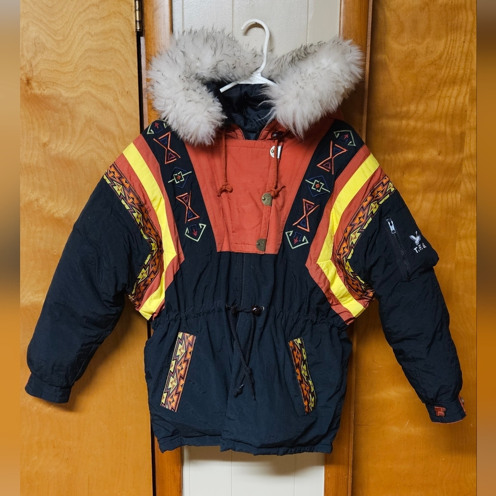 Women's Vintage Triple F.A.T. Goose Black and Red Ski Jacket with Fur Hood